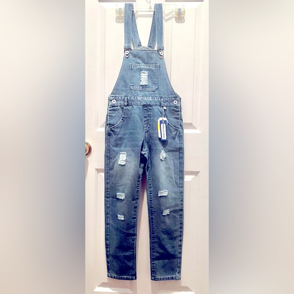 Kidscool Space Girls Overalls Size 7-8 Years distressed denim adjustable straps